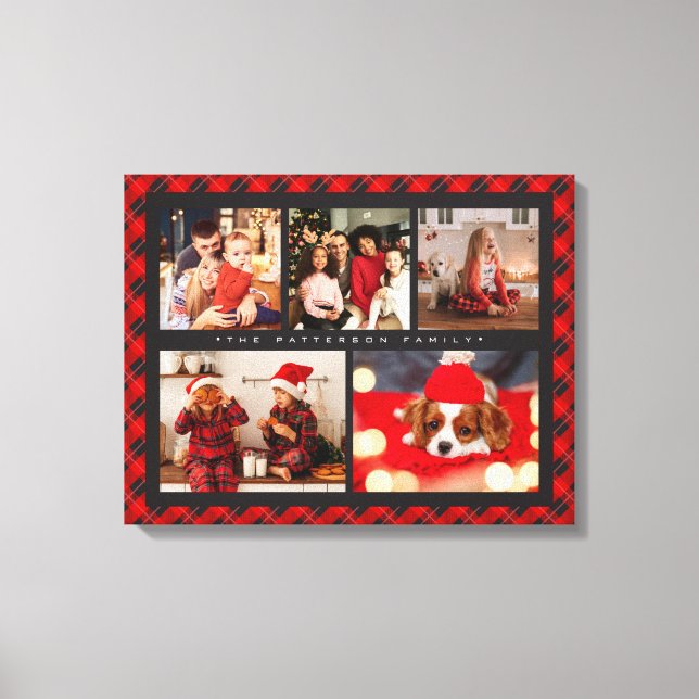 Toile Family Name 5 Photo Collage Red Plaid Modern (Recto)