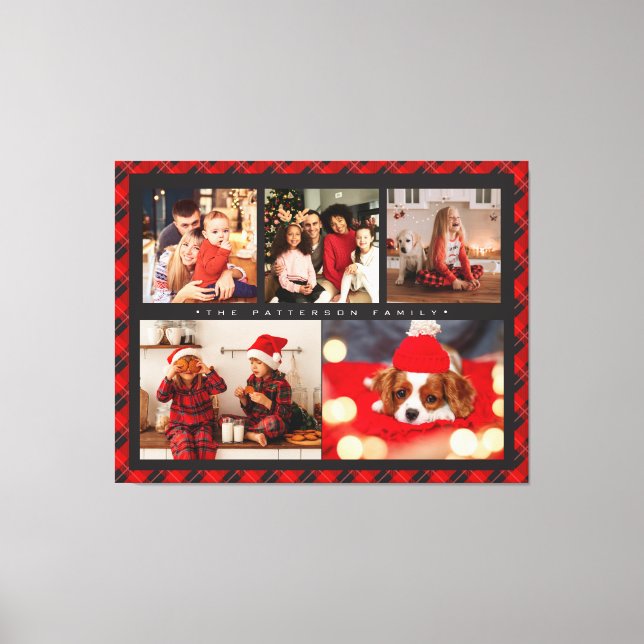Toile Family Name 5 Photo Collage Red Plaid Modern (Recto)