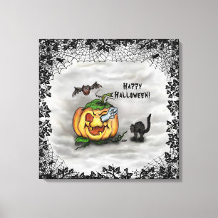 Toile Fantôme, Chat, Chat et Citrouille, Bonne Halloween