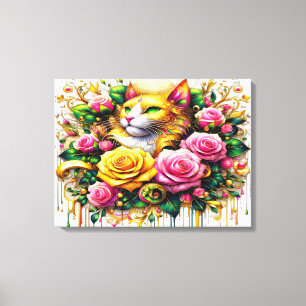 Toile Feline au milieu d'une floraison vibrante 24x18