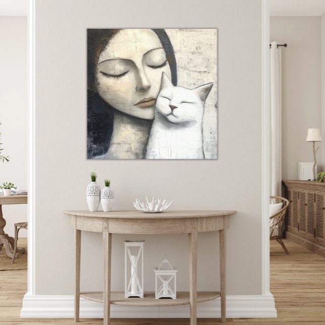Toile Femme Abstraite en train de battre un joli chat bl (Printed Canvas Abstract Woman's Face with White Cat, Peaceful Snuggle Modern Neutral Art)
