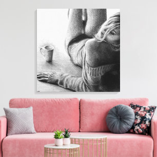 Toile Femme avec café du matin Dessin au crayon art