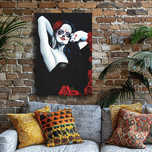 Toile Femme Crâne de Sucre Gothique Roses Noires Rouges 