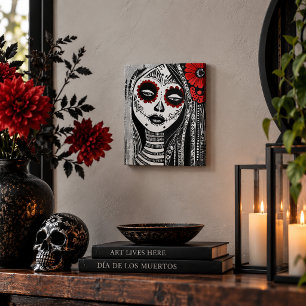 Toile Femme Crâne en Sucre Fleur Rouge Jour des Morts