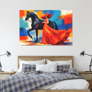 Toile Femme Élégante en Rouge avec Cheval Noir