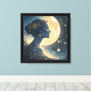 Toile Femme Élégante sous la Lune et les Étoiles Dorées