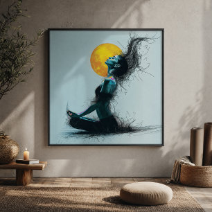 Toile Femme en méditation Lune dorée Pose de yoga