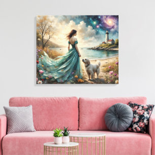 Toile Femme en robe bleue sur la plage avec un chien, ph