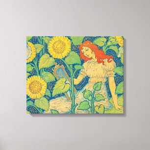 Toile Femme-fille de fleurs dans le jardin de tournesol