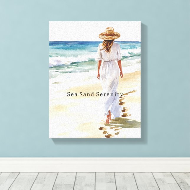 Toile Femme marchant sur la plage (Insitu (Plancher de Bois))