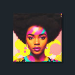 Toile Femme noire colorée Afro Pop Art<br><div class="desc">Cette oeuvre d'art pop-art présente une belle femme noire avec une grande afro, les années 70 esthétique avec un peu de puissance de fleur et boucles d'oreilles. Une beauté mélanine vibrante avec des cheveux naturels dans une pièce d'art numérique multicolore et audacieuse. Le cyan, le magenta rose et le jaune...</div>