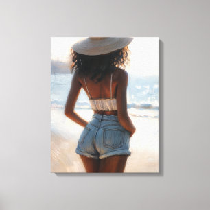 Toile Femme noire sur la plage portant un Casquette d'ét