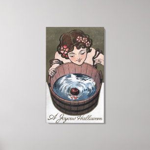 Toile Femme regardant dans le baril en bois