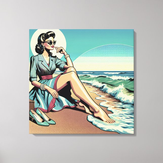 Toile Femme rétro des années 1950 assise sur la plage (Recto)