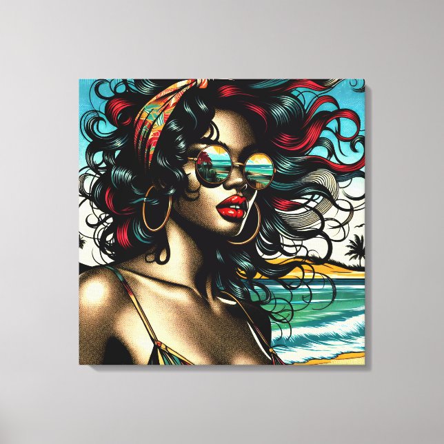 Toile Femme Rétro sur la Plage Style Comic Pop Art (Recto)