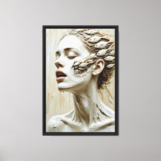 Toile Femme surréaliste avec du poisson et sculpté