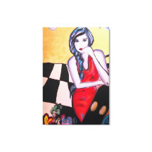 Femme surréaliste d'Art Pop en robe rouge sur toil