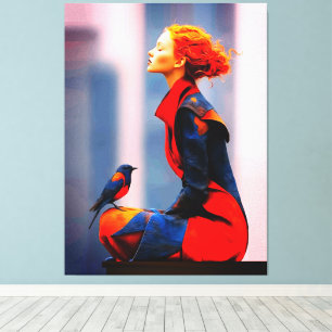 Toile Femme surréaliste et oiseau Élégante Chevelure Rou