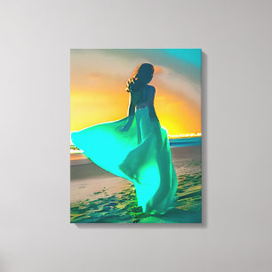 Toile Femmes en bleu turquoise sur une plage de nuit