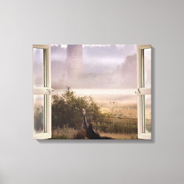 Toile Fenêtre ouverte matinée brumeuse avec chouette de  (Recto)