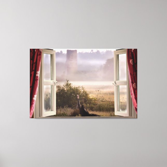 Toile Fenêtre ouverte matinée brumeuse avec chouette de  (Recto)