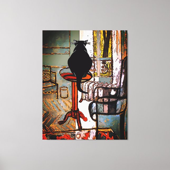 Toile Fenêtre verte avec chat noir (Recto)