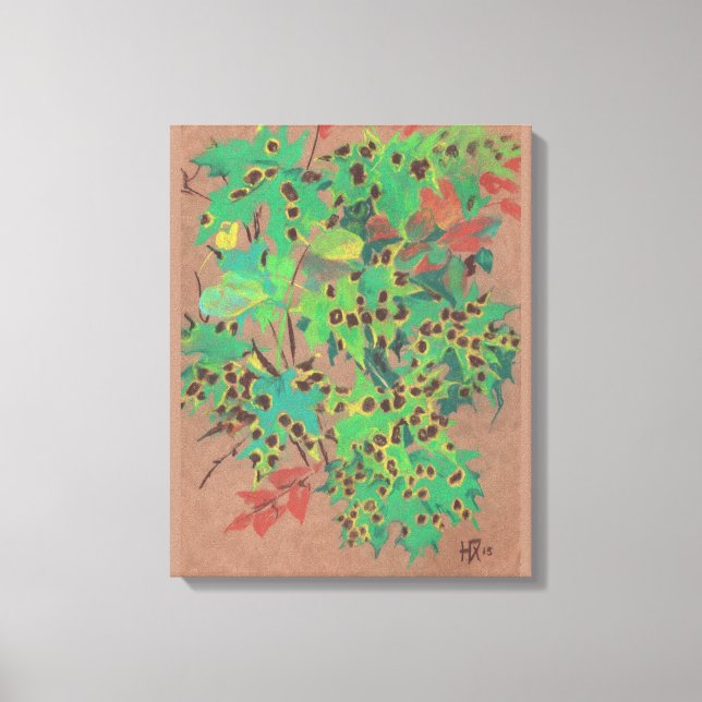 Toile Feuille croustillant, automne floral, vert, jaune  (Recto)