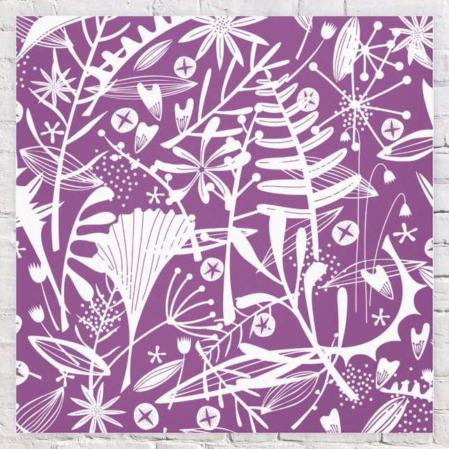 Toile Feuilles botaniques Silhouette violet et blanc (Botanical leaves and flowers purple canvas art print)