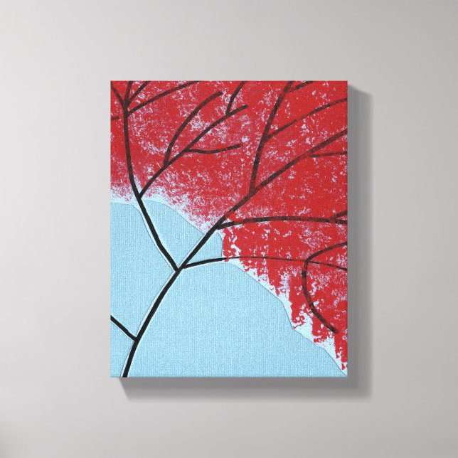 Toile Feuilles d'arbre rouges abstraites sur fond bleu (Recto)
