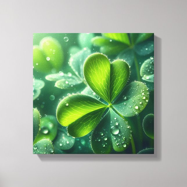 Toile Feuilles de trèfle vert avec gouttelettes d'eau - (Recto)
