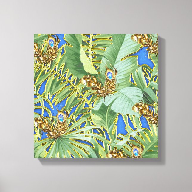 Toile Feuilles Golden Peacock sur Cerulean Blue (Recto)