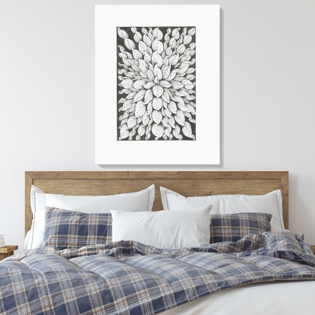 Toile Feuilles Murmurantes : Doodle Noir & Blanc Minimal (Insitu(Chambre))