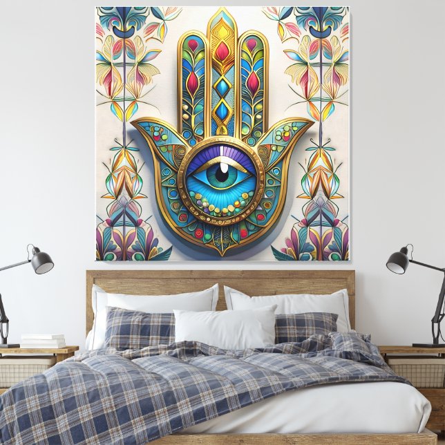 Toile Filigree couleur or bleu-vert troisième oeil Hamsa (Insitu(Chambre))