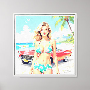Toile Fille à la plage avec une voiture classique