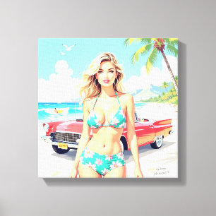 Toile Fille à la plage avec une voiture classique