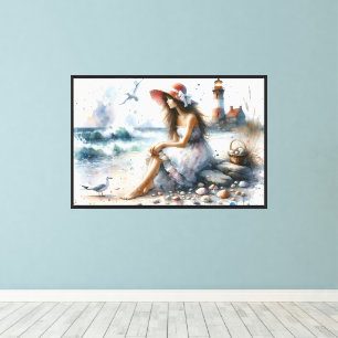 Toile Fille aquarelle romantique près d'un phare