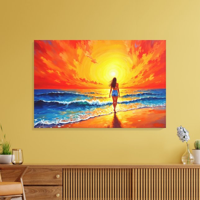 Toile Fille coucher de soleil promenade décor des vagues (Insitu(Salon))