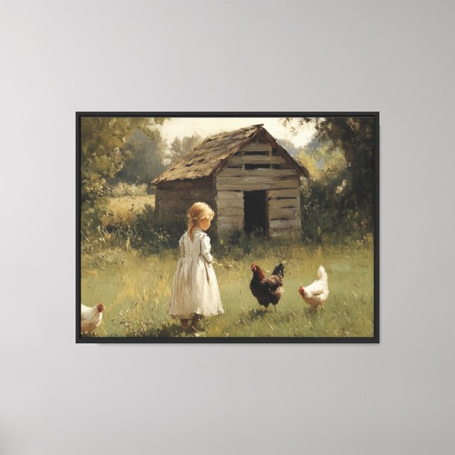 Toile Fille de ferme de poulets et oiseaux Simple décora (Recto)