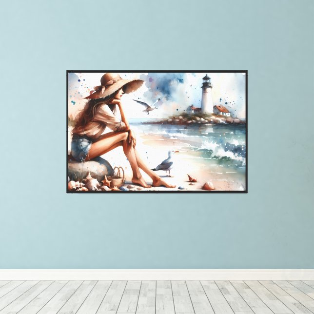 Toile Fille de la plage côtière et phare  (Insitu (Plancher de Bois))