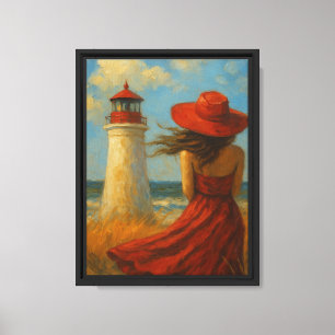 Toile Fille en robe rouge par le phare de mer