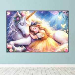 Toile Fille endormie Paysage onirique licorne