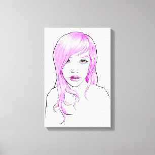 Toile Fille jolie Portrait de dessin animé Cheveux roses