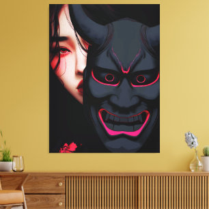 Toile Fille mystérieuse avec masque Oni Horreur japonais