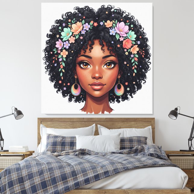 Toile Fille noire adorable avec couronne de fleurs afro (Insitu(Chambre))