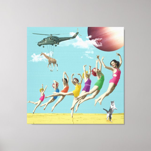 Toile Filles Leaping Beach Retro Collage Canvas Imprimer (Recto)