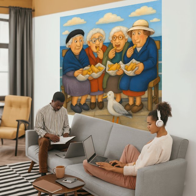 Toile Fish And Chips Wrapped Canvas Art Print (Eating fish and chips at the seaside)