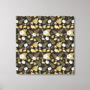 Toile Flamant rose continu motif fleurs jaune et blanc