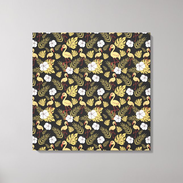 Toile Flamant rose continu motif fleurs jaune et blanc (Recto)