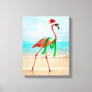 Toile Flamant rose de Noël sur la plage