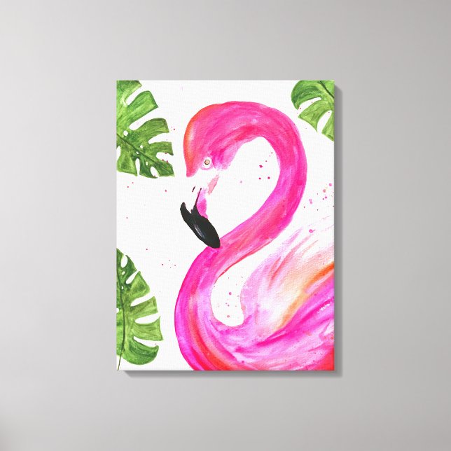 Toile Flamant rose tropical Palmier rose Feuille Oiseau  (Recto)